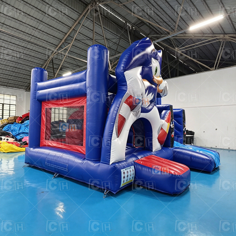 Blue Sonic the Hedgehog themed inflatable jumping house in factory