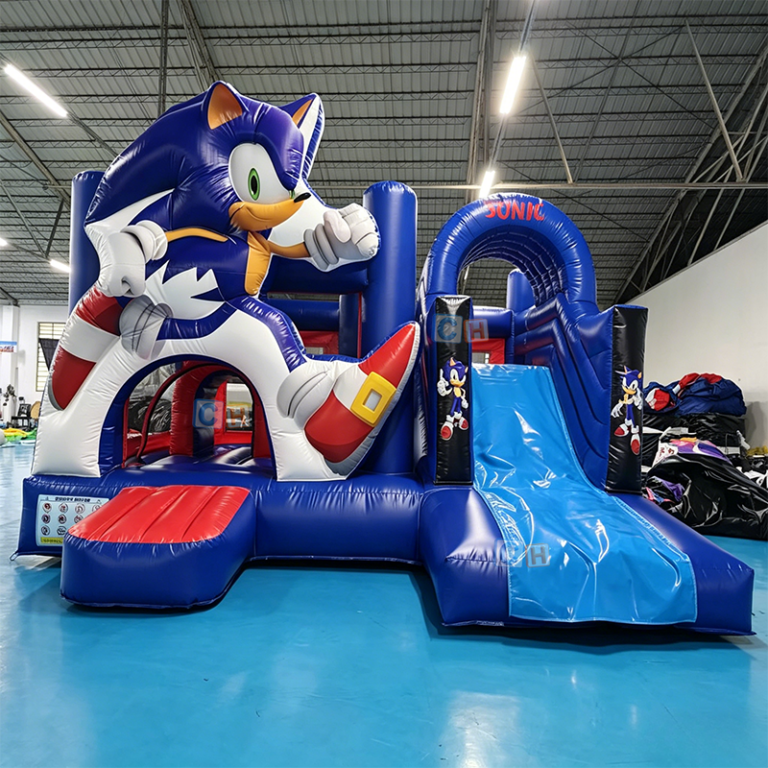 Blue Sonic the Hedgehog themed inflatable jumping house in factory